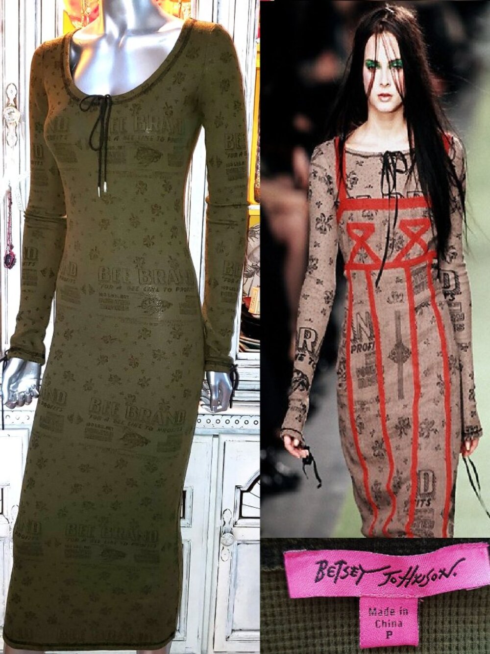 Vintage Betsey Johnson Y2K RUNWAY Army Green Thermal Bee Brand Maxi Dress Size S
